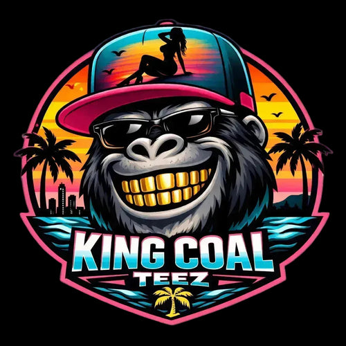 Logo with a gorilla wearing sunglasses and a cap, set against a colorful sunset background with palm trees and city skyline.